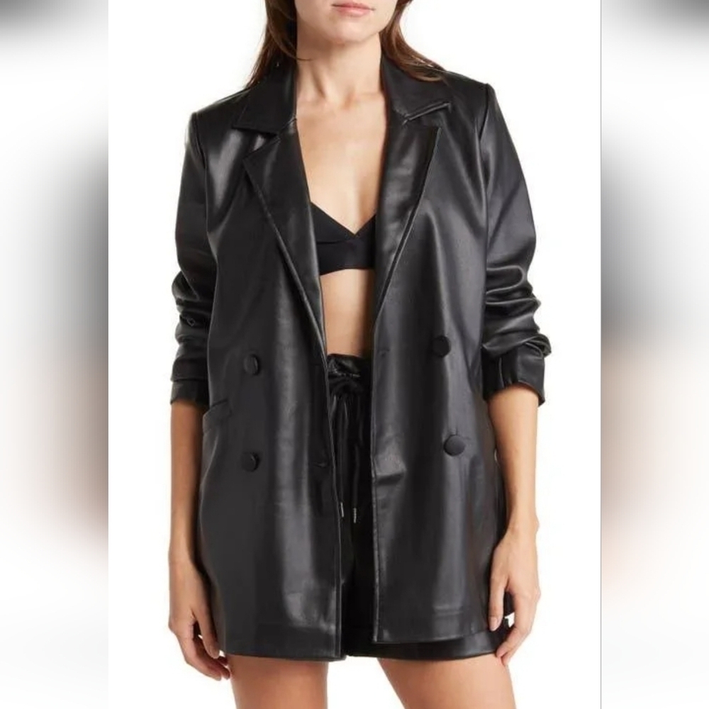 TOPSHOP Faux Leather Double-Breasted Blazer Jacket In Black. Size 6 - Picture 1 of 16